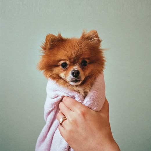 A small fluffy dog being towel-dried after a bath